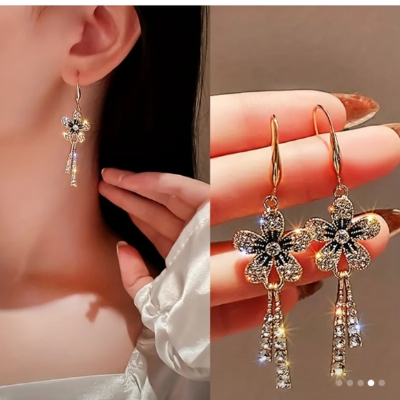 14K WHITE GOLD PLATED HOOK EARRINGS BLUE AND CLEAR CUBIC ZIRCON - Picture 5 of 5